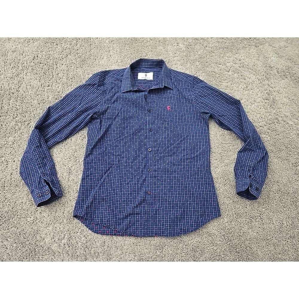 Father Sons Button Up Shirt Mens M Blue Grid Red Embroidered Dots Formal Block